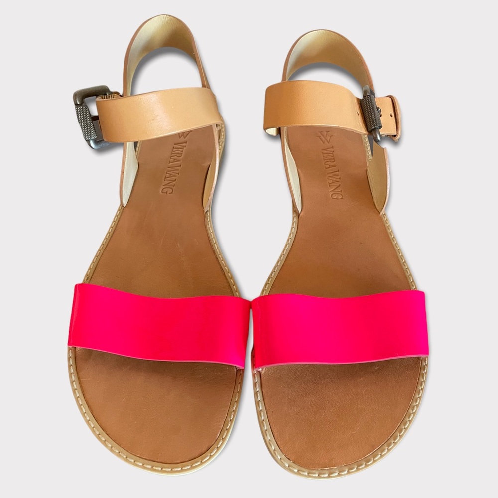 Vera Wang sandals, tan with neon pink. Nearly new! Size 8